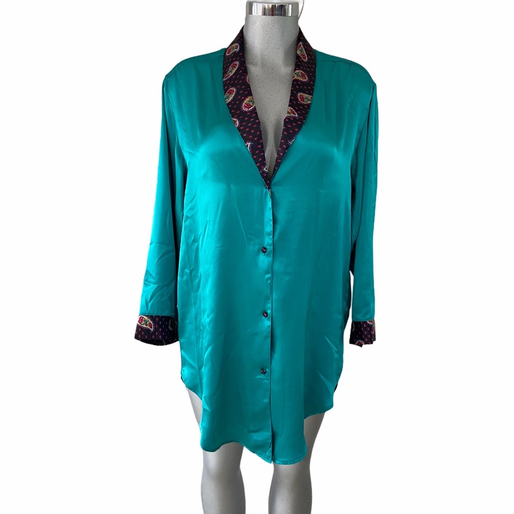 Beth Michaels Satin Pajama Top Robe Long Sleeve Sleep Shirt Oversized Small